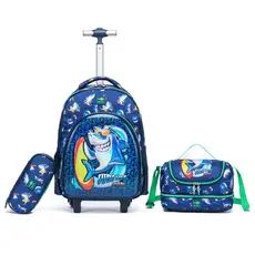 Kit Mochila Rodinhas Tubarão Infantil Menino com Lancheira Térmica Estojo Reforçada Azul