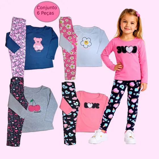 Kit 6 Peças Inverno | Conjunto  3 Blusas + 3 Legging Infantis Promoção Toda Estação