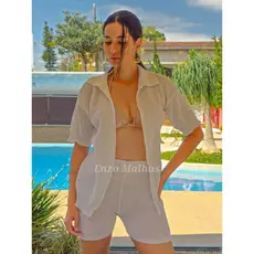 Conjunto Feminino Tricot Saida De Praia Camisa Manga Curta e Shorts Verão Tendencia 2025