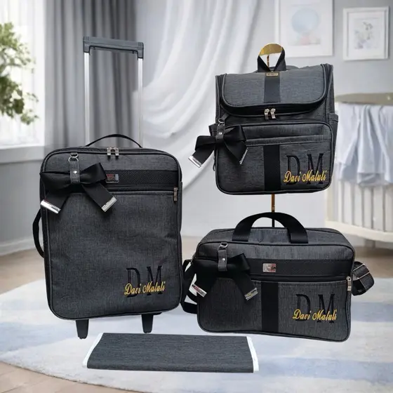 kit de bolsa de maternidade com mala de rodinha, mochila, bolsa de ombro preto com faixa preta