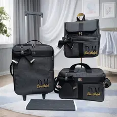kit de bolsa de maternidade com mala de rodinha, mochila, bolsa de ombro preto com faixa preta