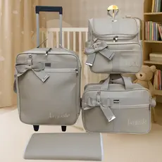 kit de bolsas de maternidade com mala de rodinha e mochila 2 em um  dourado light com faixa bege