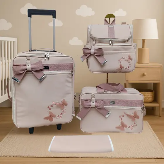 Kit de bolsas de maternidade com mala, bolsa, mochila, trocador bege e faixa rosê e borboletas