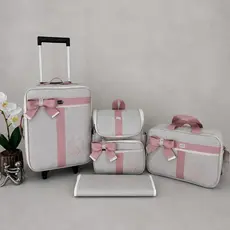 kit de bolsas de maternidade com mala de rodinha e mochila 2 em um bege com faixa rosê
