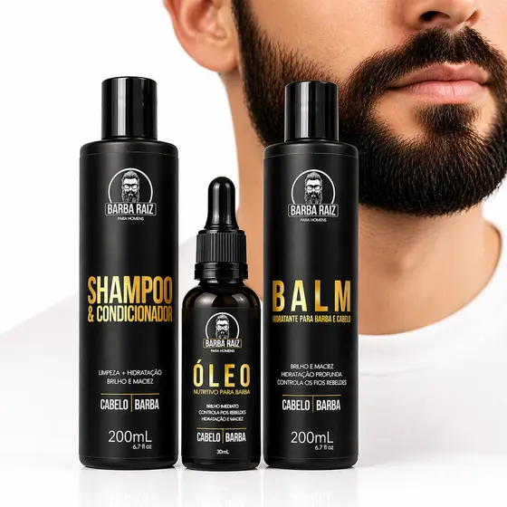 Kit Barba Raiz Shampoo + Condicionador, Óleo e Balm Barba Raiz - Kit cuidados diários para barba e cabelo