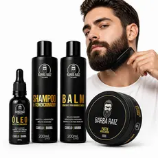 Kit para barba raiz shampoo + condicionador, balm, óleo nutritivo e pasta modeladora - para barba e cabelo