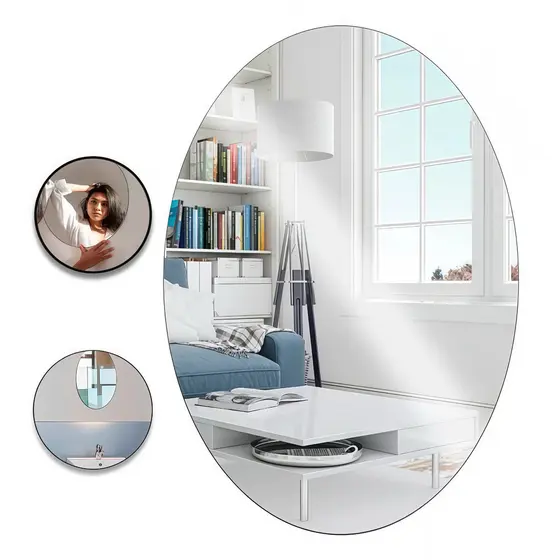 Espelho Adesivo Plástico Decorativo Flexível Espelhado 25x40cm Retangular Oval Auto Colante Parede Decoração