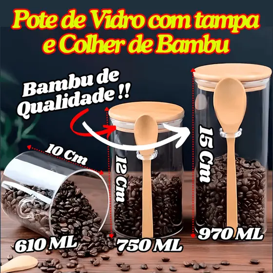 Pote De Vidro Hermético Com Tampa E Colher De Bambu Redondo Organizador Multiuso De Cozinha
