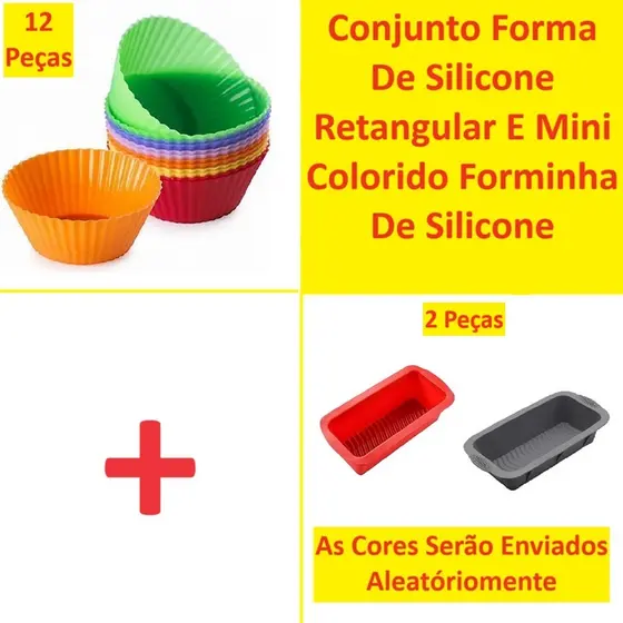 OFERTA Conjunto Formas De Silicone Com 12 Forminhas 6,5x3X4,5Cm e Kit 2 Formas De Bolo Pão 24x13cm Bolo Cupcake