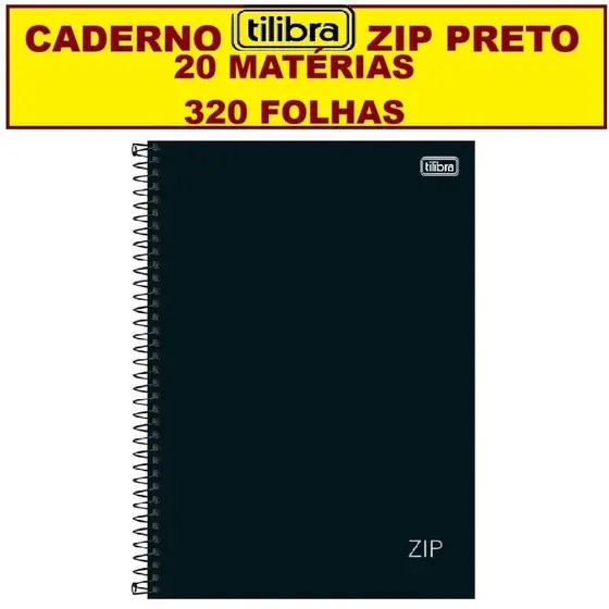 Caderno Tilibra 20 Matérias 320 Folhas Escolar Zip Universidade Preto Capa Dura