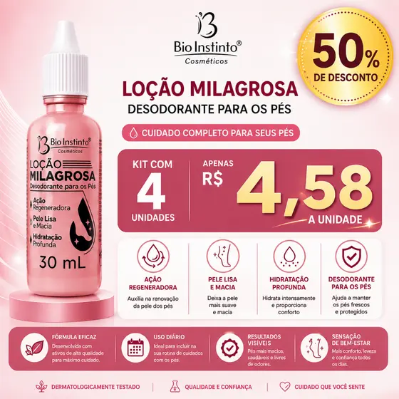 Creme Loção Milagrosa Pés Rachados Bio Instinto 30ml Hidratação Calcanhar e Calos