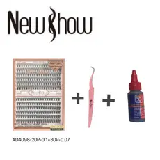 New Show 1 Cartela De AD4098-20P-0.1+30P-0.07 D 9-14MIX Cilios Tufos+1 Pinça+1 Super Cola 30ml Salon Pro