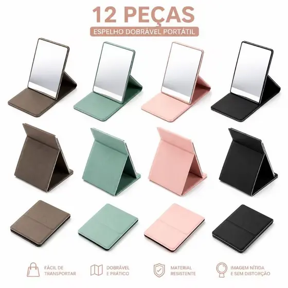KIT12 Espelho de Maquiagem Dobrável Portátil de Mão e Mesa
