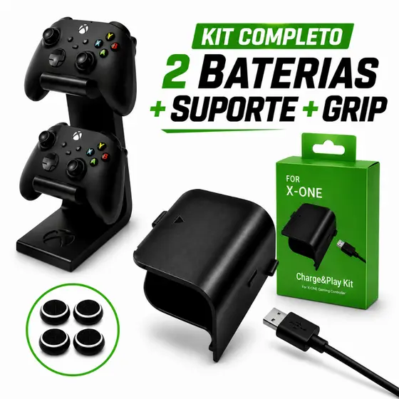 Kit 2 Carregador Bateria Para Controle Xbox One S Fat+Suporte Duplo+Grip
