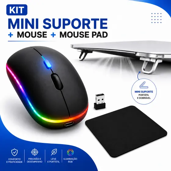 Kit Mouse Sem Fio Recarregavel Notebook+Mini Suporte+Mouse Pad