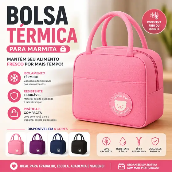 Bolsa Térmica Para Marmita Com Alça Feminina Rosa Lancheira Viagem