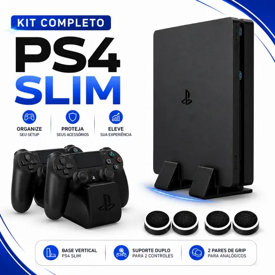Kit Base Apoio Playstation 4 Slim + Suporte 2 Controles PS4 + Grip