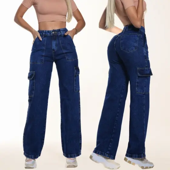 Calça Jeans Feminina Wide Leg Cargo Lisa Pantalona 100% Algodão Premium Levanta Bumbum Cintura Alta