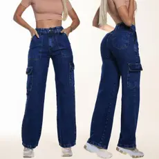 Calça Jeans Feminina Wide Leg Cargo Lisa Pantalona 100% Algodão Premium Levanta Bumbum Cintura Alta