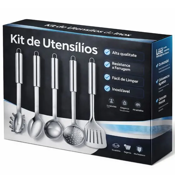 Kit Utensílios de Cozinha em Inox – , Colher De Arroz,Concha, Escumadeira, Espátula e Pegador de Massa – Alta Qualidade
