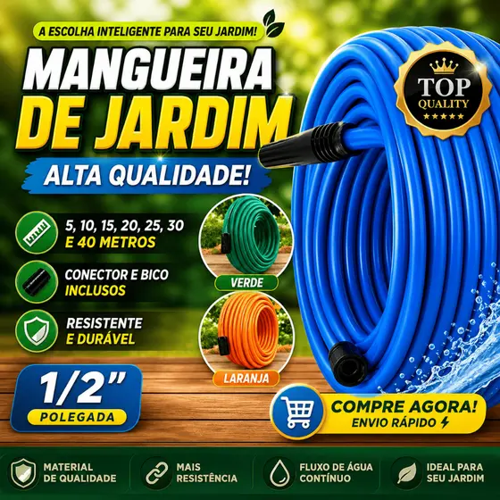 Mangueira de Jardim Reforçada Silicone 1/2 5 10 15 20 25 30 40 metros esguicho Azul Laranja Verde