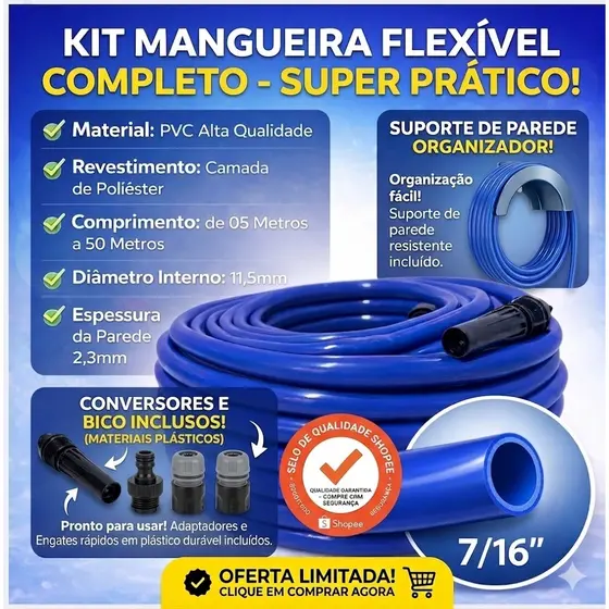 Mangueira Jardim 50 Metros ate 5 metros Reforçada Com Esguicho Azul Lisa e Suporte Gratis