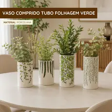 Vaso Cumprido Tubo Folhagem Verde Porcelana - Unidade