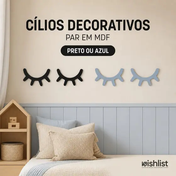 Par Cílios Decorativos MDF 14,5cm Preto ou Azul Para Parede Quarto Infantil