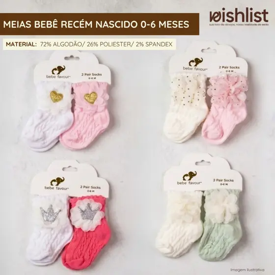 Meias Bebê Recém-Nascido 0-6 Meses – Kit 4 ou 8 Pares Decoradas (Coroa ou Bolinhas)