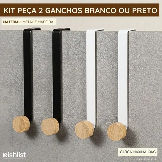 Kit 2 Ganchos Para Porta Organizador Multiuso Cabideiro - Preto ou Branco