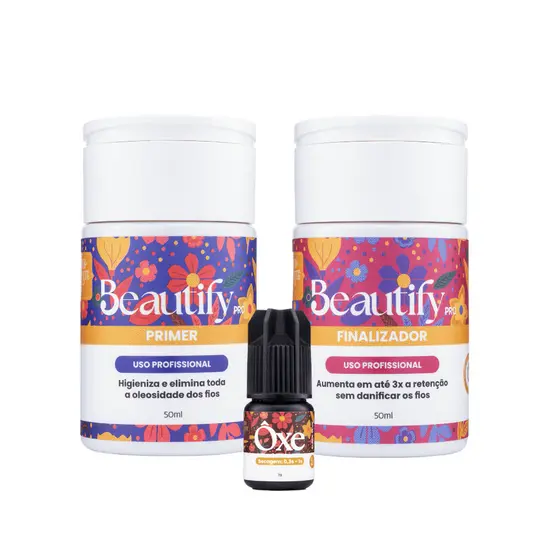 Kit Retenção Extensão Cílios Beautify Pro: Primer, Finalizador e Adesivo Oxe
