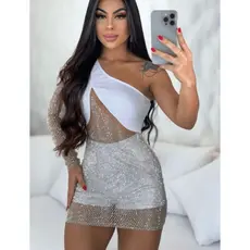Vestido Feminino Curto Macaquinho Mula Manga Luxo Pedraria Festa Balada