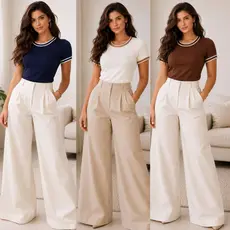 Blusa Feminina Manga Curta em Tecido Ribana Liso Gola Redonda e Detalhes Gola e Manga