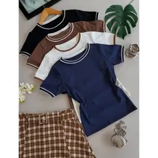 KIT DE 4 BLUSAS Feminina manga curta em tecido ribana canelado gola redonda e detalhes na gola e manga
