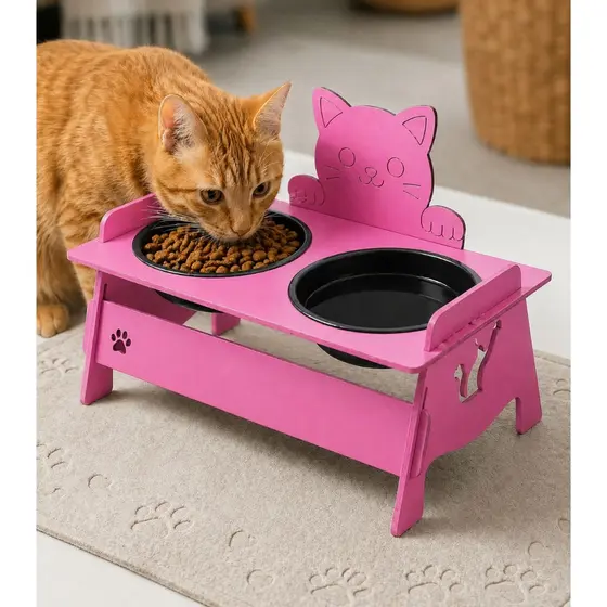 COMEDOURO TIGELAS ALIMENTAÇÃO ELEVADO PARA GATOS E CACHORROS  MADEIRA DUPLO POTES REMOVIVEIS