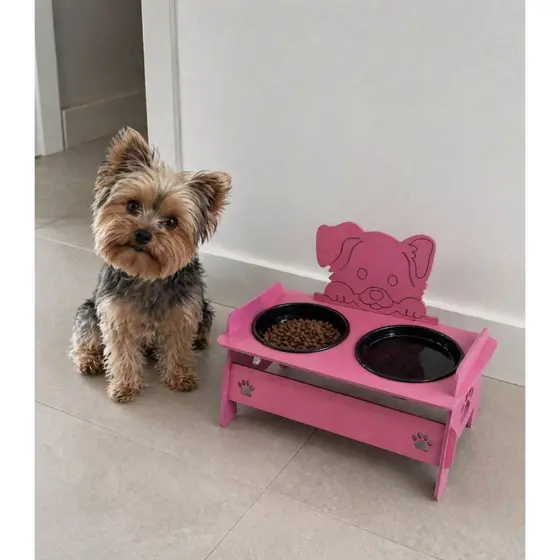 comedouro gato ou cachorro pet elevado agua ração postura rosa ou azul mdf com desenho duplo