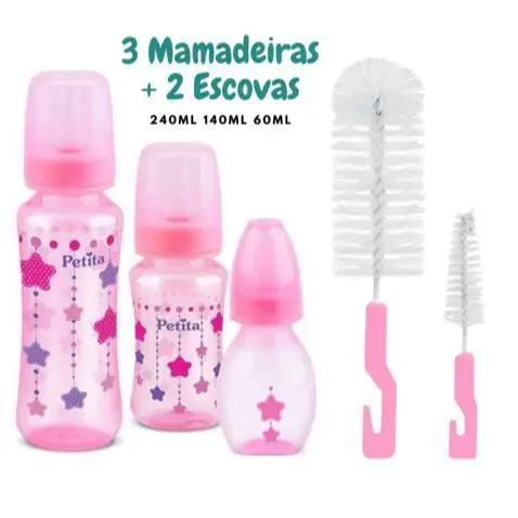KIT MAMADEIRAS COLOR - 3 UNIDADES - 60ML - 140ML - 240ML + 2 Escovas para Lavagem. GB