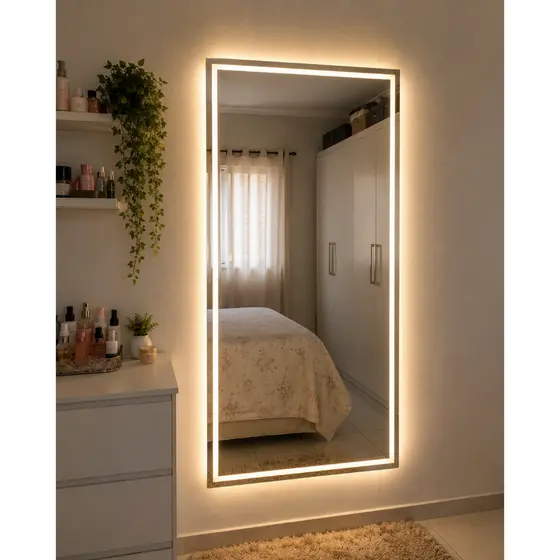 Espelho Retangular Jateado Fino 70x50cm Lapidado com LED 3 Cores Touch para Decoração Banheiro