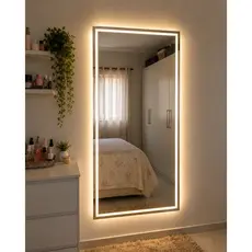 Espelho Retangular Jateado Fino 70x50cm Lapidado com LED 3 Cores Touch para Decoração Banheiro