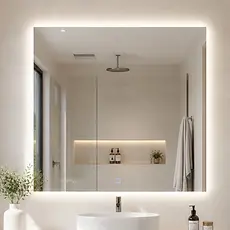 Espelho de Parede Grande Quadrado Lapidado com 3 Cores LED Botão Touch 40cm a 70cm Banheiro