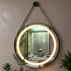 Espelho Redondo com LED 3 Cores Adnet com Moldura em Couro Jateado 40 a 80cm Touch Com Suporte