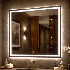 Espelho Quadrado com Botão Touch de Parede Jateado com LED 3 Cores Vários Tamanhos Decoração Luxo
