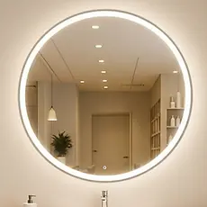 Espelho Redondo Jateado com 3 Cores LED 90x90 Lapidado Sala Salão Quarto Banheiro Botão Touch de Luz