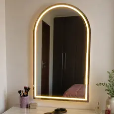 Espelho Jateado Arco Base Reta 100x80cm Arco Janela Lapidado com 3 cores Led Salão Maquiagem