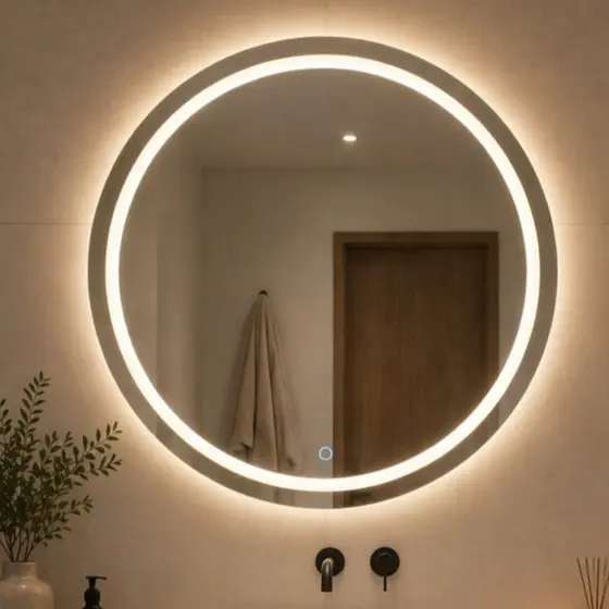 Espelho Redondo Jateado com LED 3 Cores Touch de 40x40 a 60x60cm Luxo Decoração Moderna Bivolt