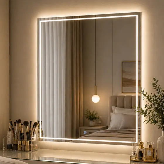 Espelho Retangular 60x40 Jateado com Led 3 Cores Botão e Touch Fino Decorativo para Banheiro Moderno