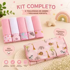 Kit Maternidade 5 Toalhinhas de Ombro Bebê + Trocador Portátil Impermeável com Bolso 100% Algodão