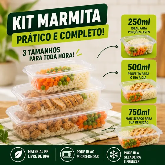 24 Und Kit Marmita  com Tampa 250ml 500ml 750ml Pote Plástico Freezer Microondas Fit