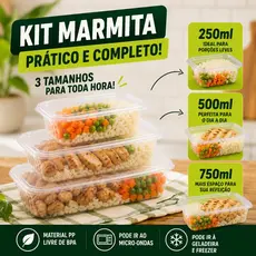 24 Und Kit Marmita  com Tampa 250ml 500ml 750ml Pote Plástico Freezer Microondas Fit