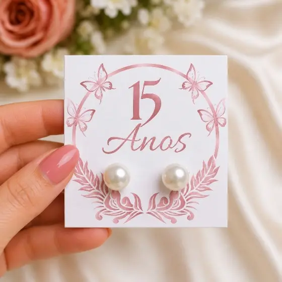 Kit 50 Pares de Brincos de Pérola – Lembrancinha 15 Anos com Tag Personalizada